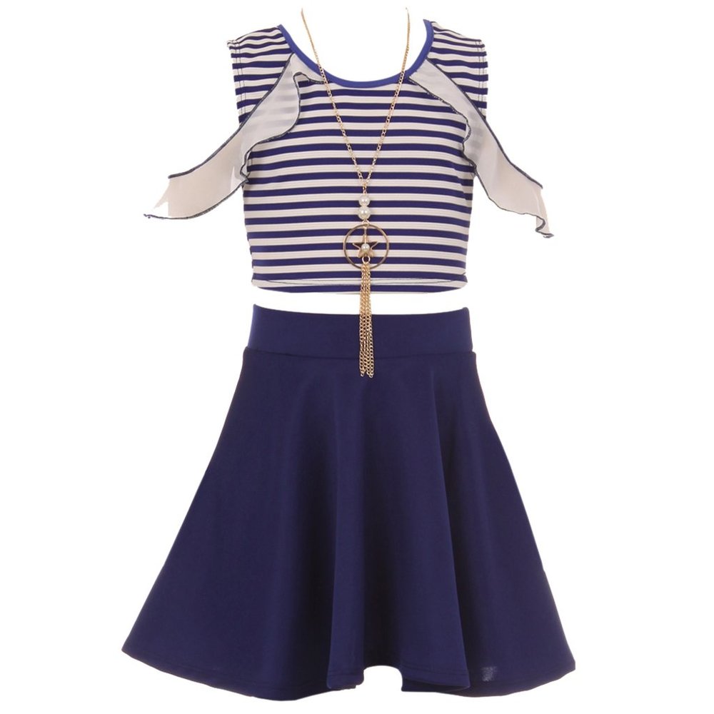Little Girls Short Sleeve Cold Shoulder 2 Pieces Top Skirt Outfit Casual Set